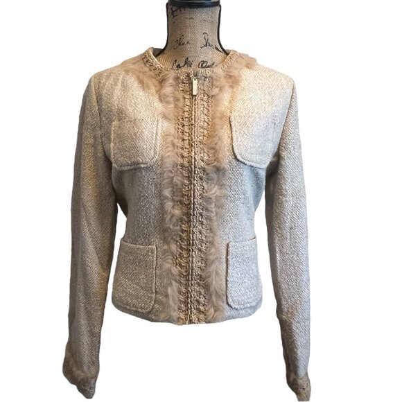 Chanel Inspired Tweed Jacket Rabbit Fur Trim Parisian Chic Emily in Paris Inspo - Picture 4 of 11